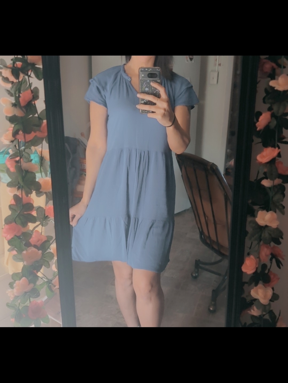 Casual Short Sleeve Tiered Blue Dress